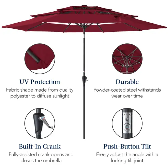 Best Choice Products 10ft 3-Tier Patio Umbrella, Market Sun Shade w/ Tilt Adjustment, Easy Crank Burgundy {6}