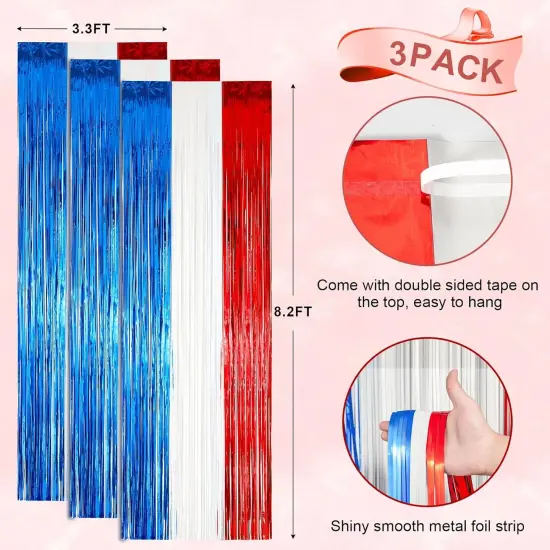 3 Pack 3.3 x 8.2 ft Red White and Blue Foil Fringe Backdrop Curtains, Tinsel Streamers Party Decorations, Fringe Backdrop for Patriotic, Memorial Day, 4th of July, Independence Day {3}