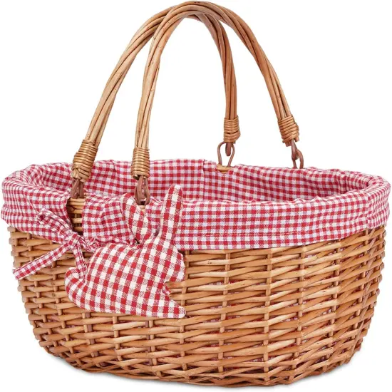 Wicker Picnic Basket with Double Folding Handles,Willow Picnic Hamper,Natural Hand Woven Basket, Basket,Bath Toy and Kids Toy Storage,Gift Packing Basket Red {1}