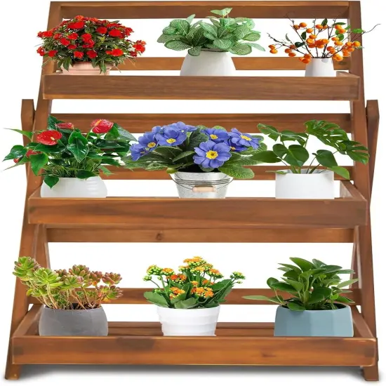 3-Tier Foldable Acacia Wood Plant Stand Display Rack {2}