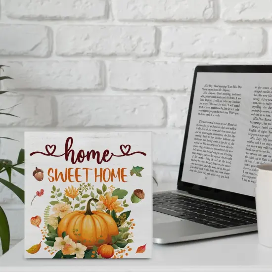 Pumpkin Wood Plaque Block Sign Fall Table Decor {5}