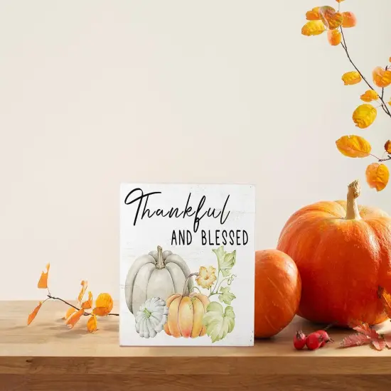 5x5 Inch - Rustic Thankful and Blessed Wooden Box Sign Tabletop Decor {2}