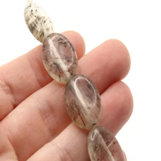 5 20mm Clear Quartz Glass with Black Inclusions Flat Oval Beads {3}