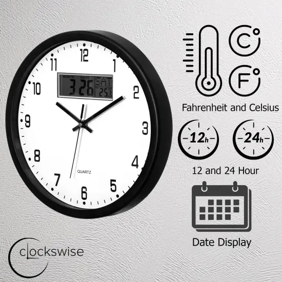 Clockswise Wall Clock, Non-Ticking Analog & Digital with Temperature Display Battery Powered, Silent Operation, Switchable Time and Date - Perfect for Classroom Office Bedroom and Study, Black {3}