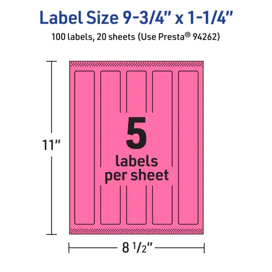 Avery Bright Pink Paper Labels, 9.75" x 1.25" Rectangle {5}