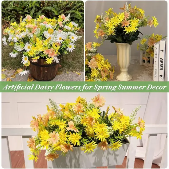 96 Heads 17.7 Inch Fake Dasiy Flowers Cemetery Decor, 4 Bouquets Artificial Flowers for Outdoors UV Resistant Plastic Fake Plants Faux Lavender for Gardens Planter Home Grave Decor(Yellow) {4}