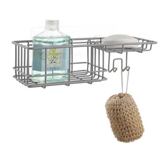 Wall Mounted Shower Caddy Organizer Basket Shelf With Removable Adhesive Hook Grey {2}