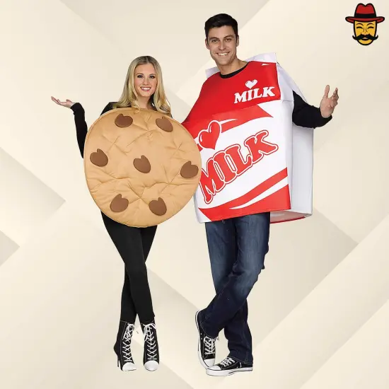 Milk and Cookie Adult Couples Costume Set Food Tunics Funny Halloween Party Outfit {1}