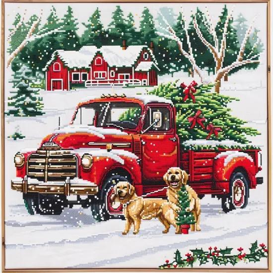 Red Truck with Christmas Tree Golden Retrievers DIY 11CT Stamped Cross Stitch Kits for Beginners Easy Needlepoint {1}