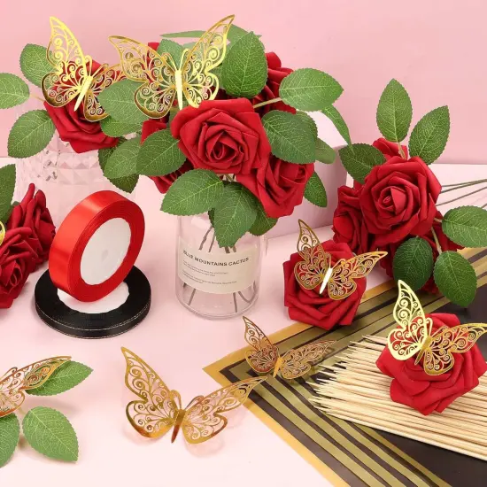 Bouquet Wrapping Paper with Artificial Foam Roses Red Flowers with Stems Gold Butterfly {3}