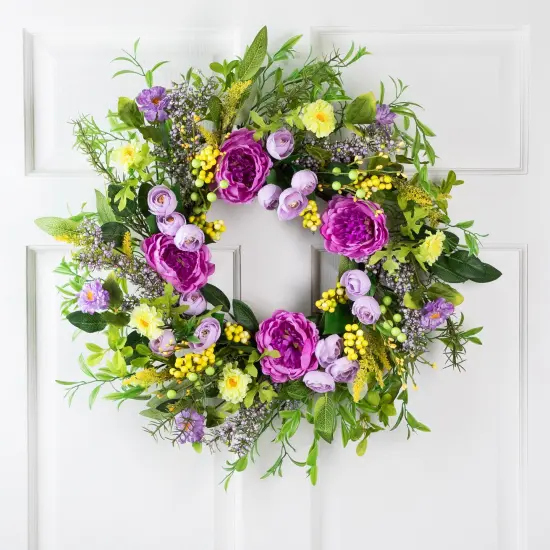 Northlight Peony Mixed Floral Springtime Wreath - 24" - Purple and Yellow {1}