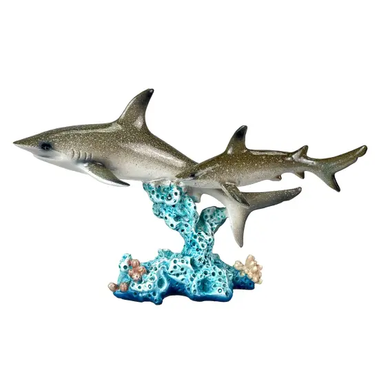 Double Sharks on Coral Statue 10" Hand-Painted Ocean Marine Decor {1}