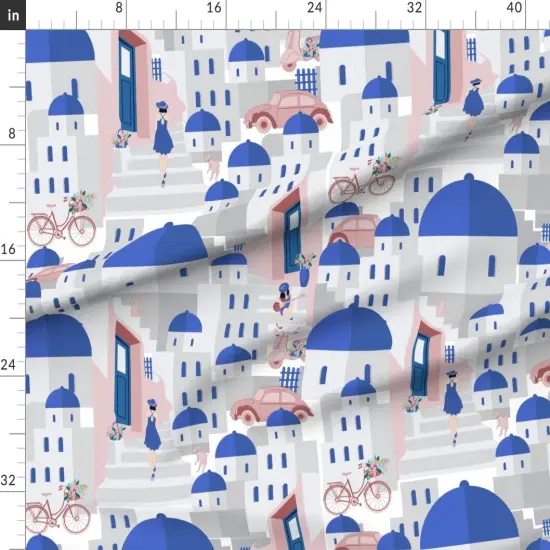 Various Fabrics by the Yard or Fat Quarter Travel Vacation Mediterranean Greece Holiday Houses Blue Santorini House Bike Car Flowers Homes Scooter Musician Novelty Neighborhood Greek Custom Printed Fabric by Spoonflower {1}