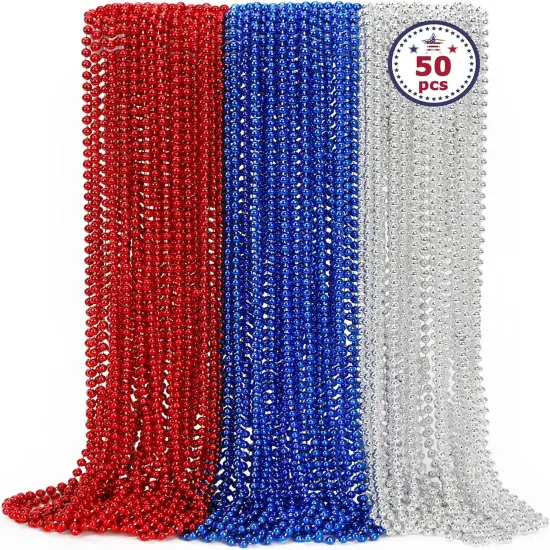 50PCS 4th of July Round Beads Necklace Bulk(Red Silver and Blue) {1}