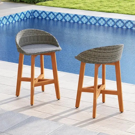 Costway Outdoor Faux Rattan Bar Chairs Set of 2/4 Solid Acacia Wood Bar Stools for Porch Brown/Gray {3}