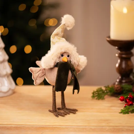 Northlight Standing Bird in Winter Apparel Christmas Figure - 9" - Beige and Green {1}
