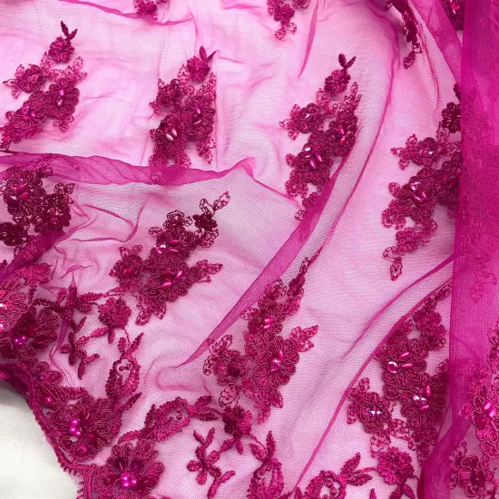 1 Yard Beaded Corded Lace Fabric Embroidered Elegant Mesh Bridal Gown 53" Width Fuchsia {6}