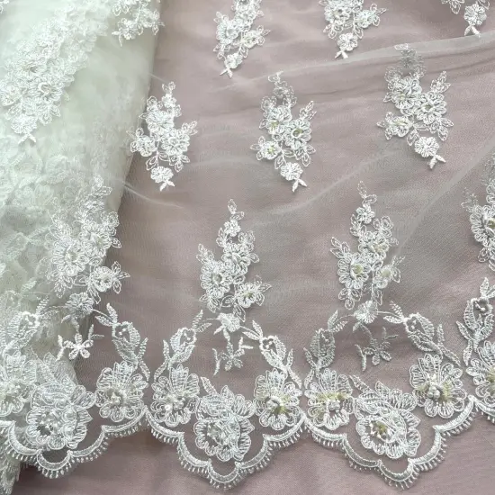 1 Yard Beaded Corded Lace Fabric Embroidered Elegant Mesh Bridal Gown 53" Width Royal Blue {4}