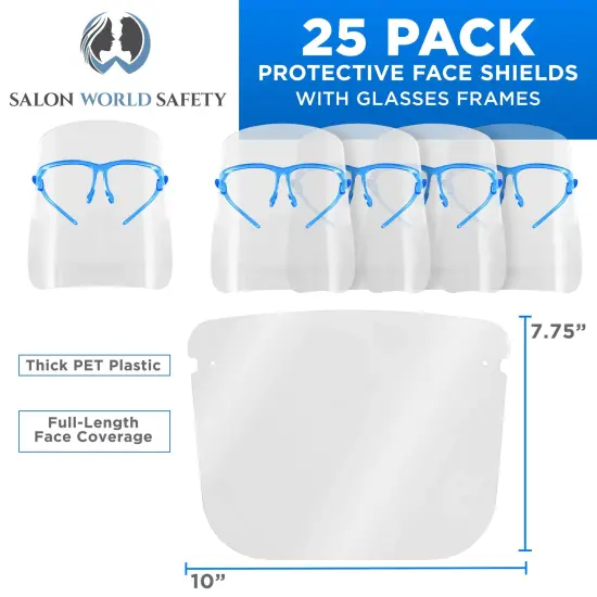 Safety Face Shields with Blue Glasses Frames (Pack of 25) - Ultra Clear Protective Full Face Shields to Protect Eyes Nose Mouth - Anti-Fog PET Plastic {2}