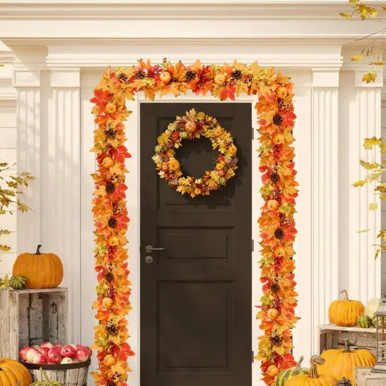 5.9 FT Fall Garland Pumpkins, Pinecones Berries & Maple Leaves with Lights - 1 PC {4}