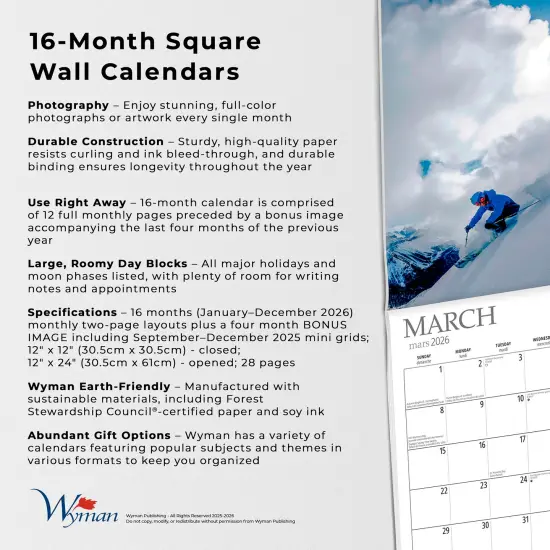 Skiing | 2026 12 x 24 Inch (Hanging) Monthly Square Wall Calendar | English/French Bilingual {6}