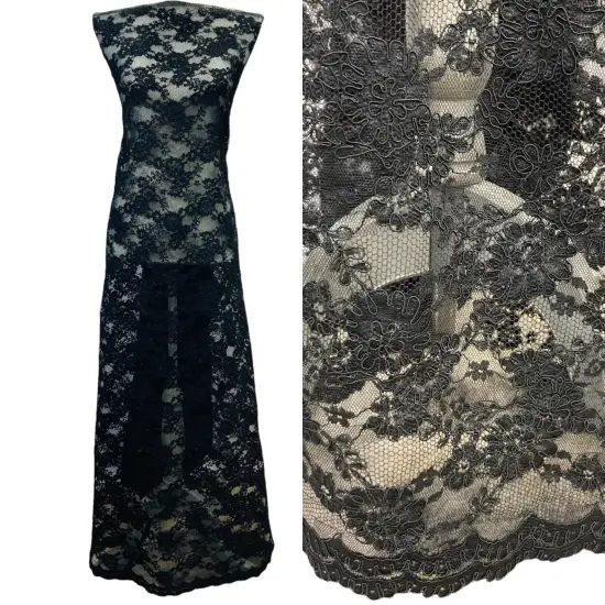 1 Yard Corded Bridal Lace Fabric Embroidered on Net Mesh 54" Width Black {1}