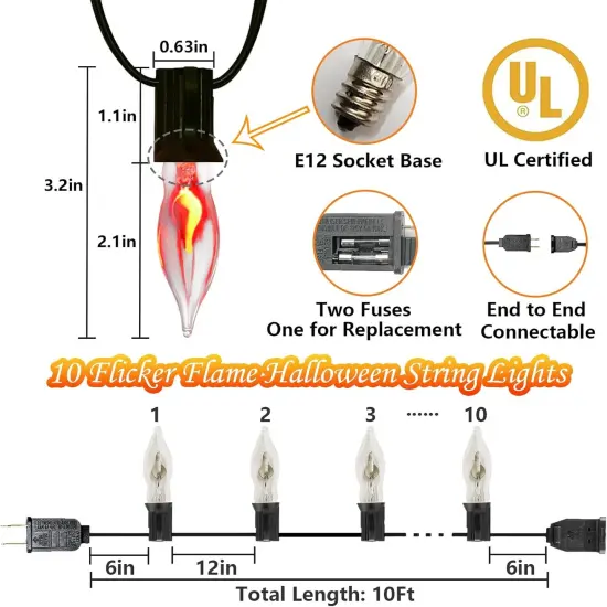 10FT - 10 Vintage Halloween Flickering Flame Lights {2}
