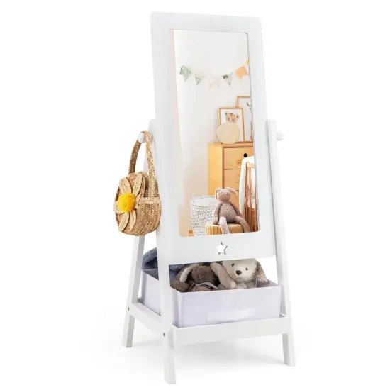 Costway Kids Full Length Mirror 360&deg; Rotatable Freestanding Dressing Mirror with Storage Bin White {1}