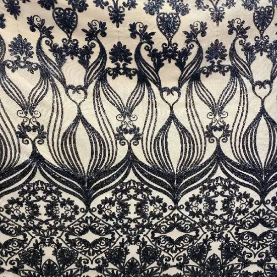 1 Yard Damask Design Embroidered Mesh Lace Fabric 48-50" Wide 100% Polyester for Evening & Bridal Wear Nude Black {1}