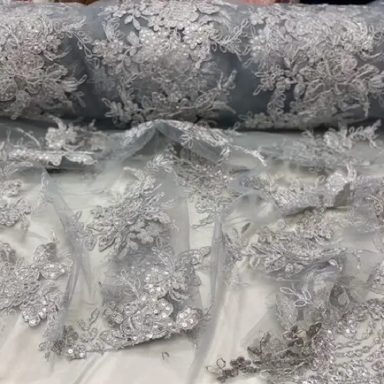 1 Yard Silver Sequin Lace Fabric with Embroidered Mesh and Double Scalloped Edge 51" Width {1}