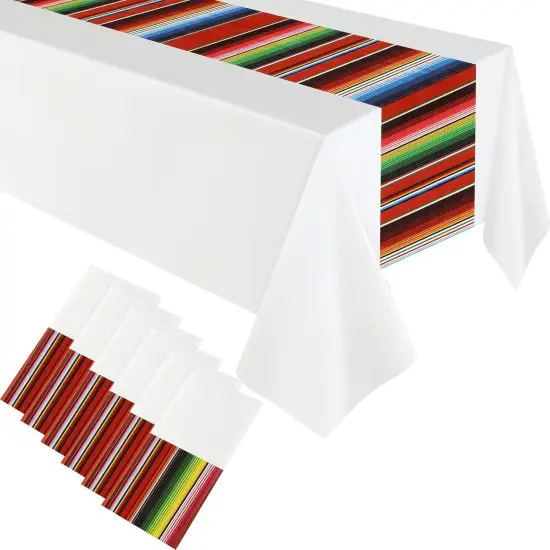 Mexican Fiesta Tablecloth 54 x 108'' Party Plastic Tablecloth Striped Table Cover for Mexican Fiesta Party Decorations(White Background, 6 Pcs) {1}