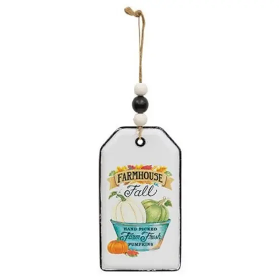 Farm Fresh Pumpkin Enamel Beaded Tag with Decorative Jute Hanger Farmhouse {1}