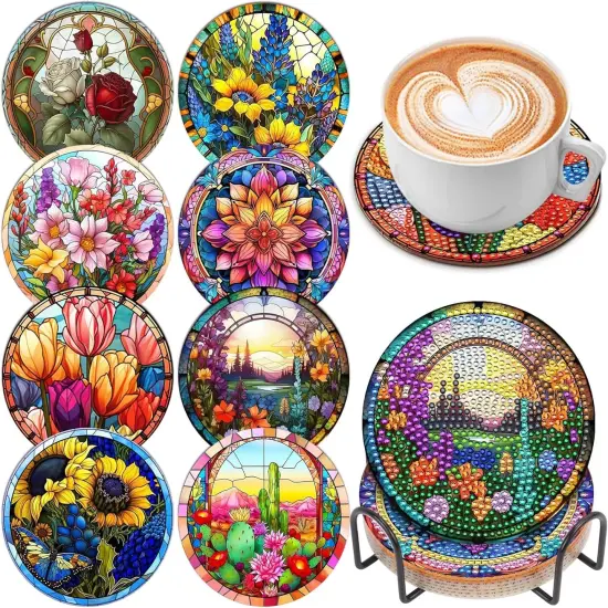 8 Pcs Diamond Art Painting Coasters with Holder, DIY Colorful Flowers Diamond Art Coasters for Drinks Diamond Art Painting Kits for Beginners, Diamond Kits Craft Supplies for Adults Kids {1}