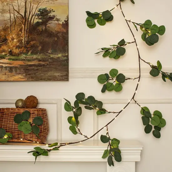 Lighted Eucalyptus Garland Battery Operated with Timer &ndash; 6.56Ft 96 LED Artificial {4}
