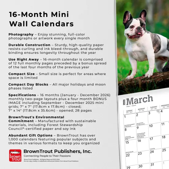 French Bulldogs | 2026 7 x 14 Inch (Hanging) Monthly Mini Wall Calendar {6}
