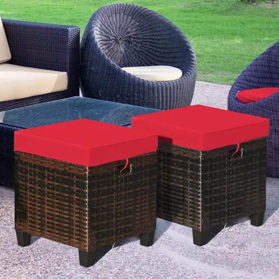 Costway 2PCS Patio Rattan Ottoman Cushioned Seat Foot Rest Coffee Table Red {1}