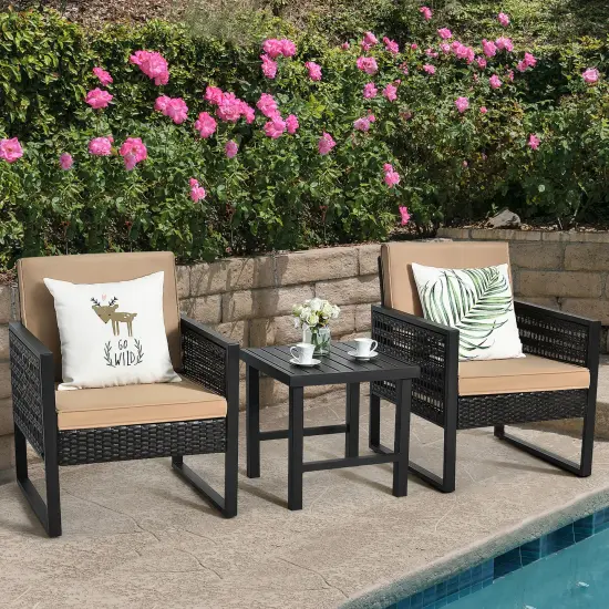 Costway 3PCS Patio Rattan Bistro Furniture Set Cushioned Sofa Chair Coffee Table Garden {3}