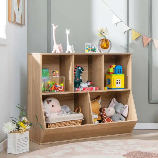 Costway 5-Cubby Kids Toy Storage Organizer Wooden Bookshelf Display Cabinet Natural/White {2}