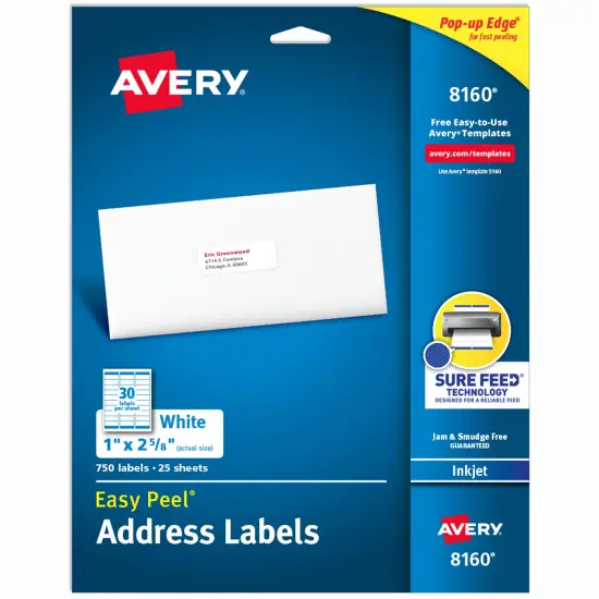 Avery Easy Peel Printable Address Labels with Sure Feed, 1" x 2-5/8" Customizable Stickers, White, 750 Blank Mailing Labels, Great for Mailing, Shipping, and More (8160) {1}