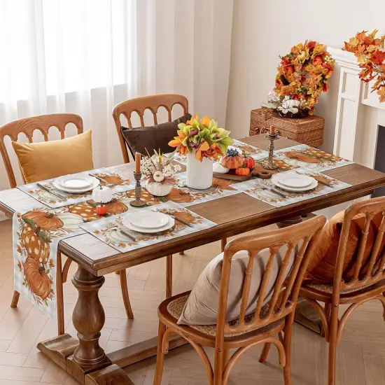Pumpkin Leaves Fall Table Runner - 13x72 Inch, Grey Blue {3}