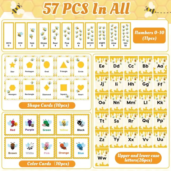 57PCS Bee Theme Alphabet Colors Shapes Numbers Educational Cards {3}