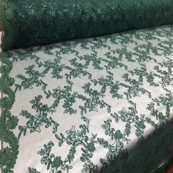 1 Yard Hunter Green Metallic Flowers Sequins Mesh Lace Fabric for Tablecloths and Costumes {2}