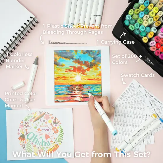 Ohuhu Oahu 200 Colors Alcohol-Based Markers - Dual Tip Chisel & Fine {4}