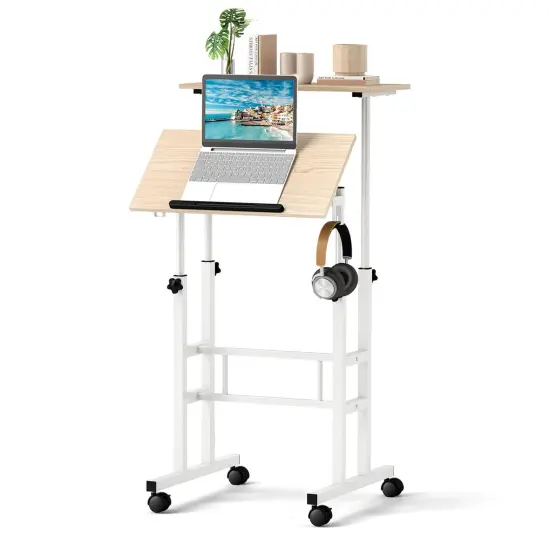 Costway Mobile Standing Desk Rolling Adjustable Laptop Cart Home Office Walnut/Natural/White {8}