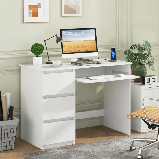 Costway Computer Desk with Power Outlet Keyboard Tray & 3 Large Drawers Type-C & USB Ports White/Natural {2}