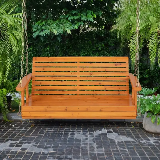 Costway Porch Swing Wood Outdoor Patio Hanging Bench Chair for Garden Backyard White/orange {2}