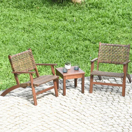 Costway 3PCSPatio Rattan Furniture SetSolid Eucalyptus Wood Frame Bistro Set with Coffee Table Patio Conversation Set (Brown) {4}