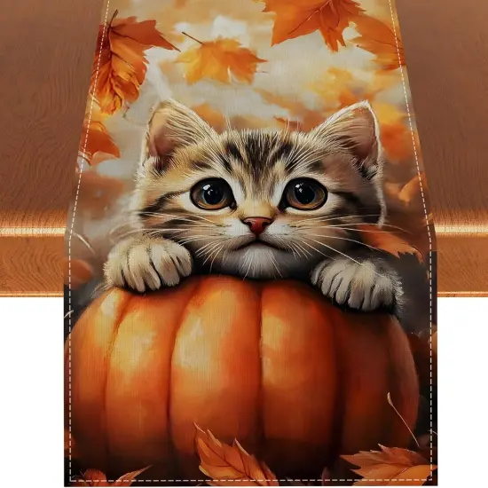 Pumpkin Cat Fall Table Runner,Maple Leaves Autumn Thanksgiving-13&times;72'' {1}
