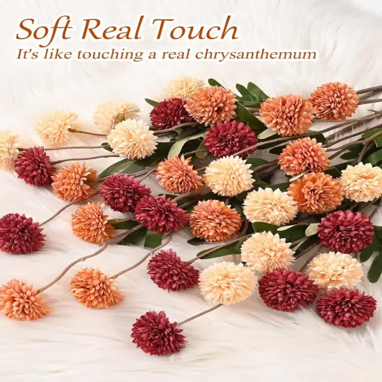 6pcs Fake Fall Flowers Silk Pompon Mums {2}