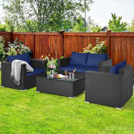 Costway 8 PCS Patio Rattan Furniture Set Cushioned Sofa Chair Coffee Table Blue {11}